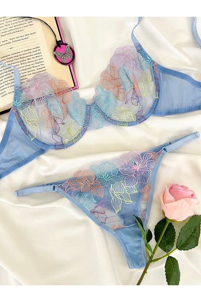 Arinda Fairytale Baby Blue Cupless Underwire Embroidery Underwear Set
