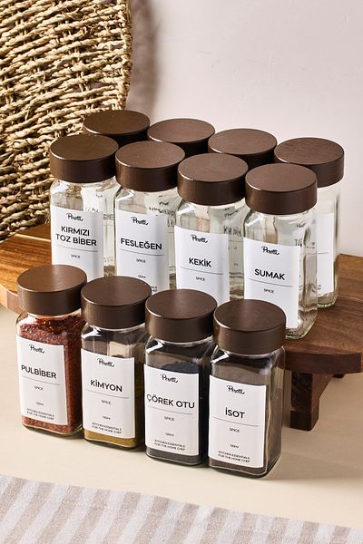 Lizzy Set of 12 Minimal Acacia Lid Spice Shakers 120ml-30 Pcs. Black-White Label Gift