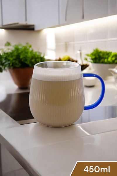 Kitchen Way Colored Glass Stump with Handle (450ml) Heat Resistant Borosilicate Mug (Line Design)