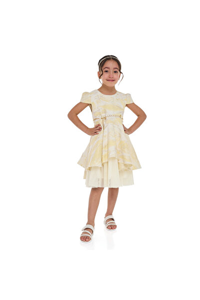 Victor and Jane Girls Chic Yellow/Gold Jacquard & Tulle Party Dress
