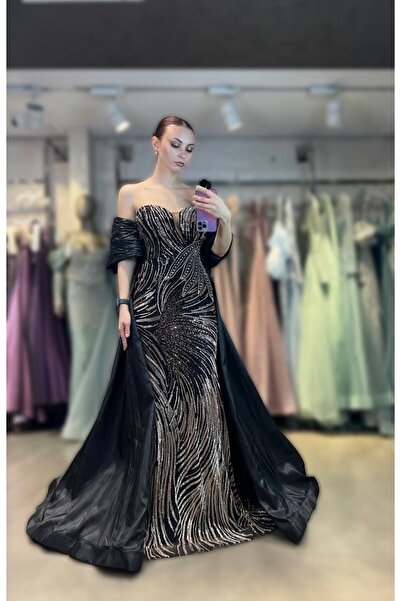 Hanımefendi Giyim Özel Tasarım Işıltılı Taş Detaylı Abiye Elbise - Kuyruklu v...