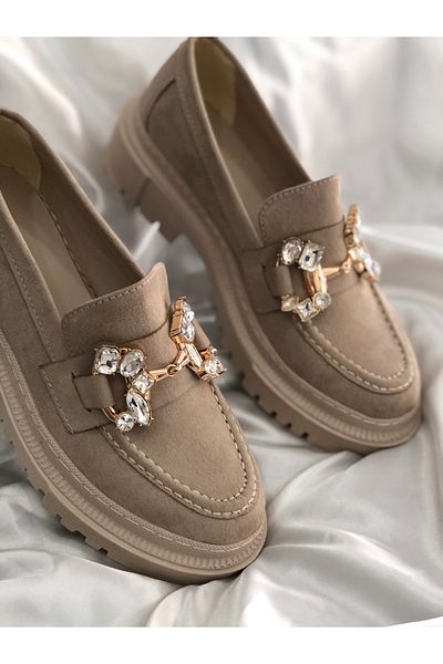 Hg Ayakkabı Angel Beige Suede Γυναικεία Loafer χωρίς κορδόνια με ψηλή σφήνα σόλα Oxford Masculine παπούτσια