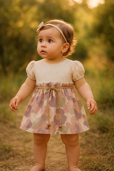 TRENDİMİZBİR Baby Girl Floral Woven Short Sleeve Dress with Belt