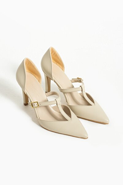 Seniorah Serene Bej Cilt Kadın Sivri Burun Topuklu Ayakkabı