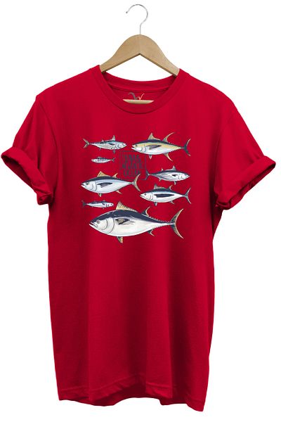 WİDİ Fishing Fishing Longtail Orkinos Tuna Fish Printed 100% Cotton Regular Fit Red T-Shirt