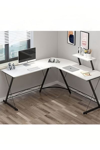 COOYA L Shaped Gaming Desk, With Removable Monitor Shelf, Leveling Studs, Sturdy, 129x71x29cm, White