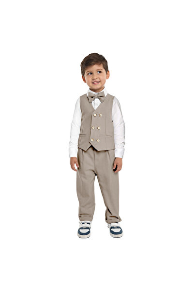 Victor and Jane Ecru/Taupe Waistcoat And Pant Set With Shirt And Bow Tie