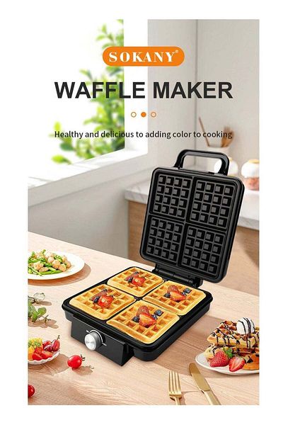 SOKANY Electric waffle maker 4 pieces 1500w Non Stick Teflon plates & Temperature Control SK-08031 Black