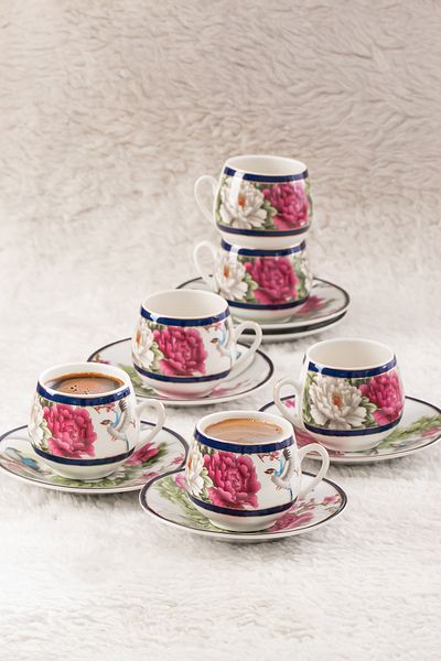 Porsima Geısha Turkish Coffee Cup Set 12 Pieces Porcelain for 6 People 100ml