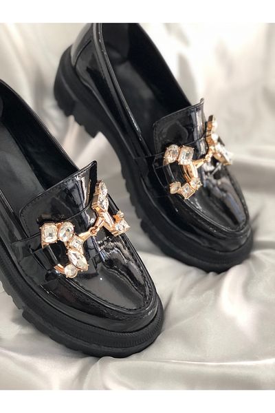 Hg Ayakkabı Дамски мокасини без връзки с висока подметка от лачена кожа Angel Black Oxford Masculine