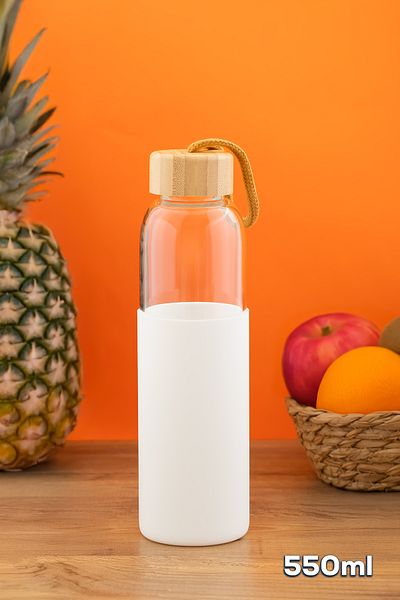 Porsima 2409-4 Water Bottle 550 ml - Water Bottle with Bamboo Lid Borosilicate Glass Water Bottle with White Case