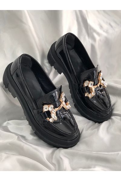 Hg Ayakkabı Дамски мокасини без връзки с висока подметка от лачена кожа Angel Black Oxford Masculine