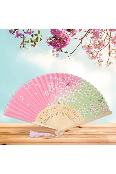 BELUGA Yelpaze Bambu Kumaş Serinletici Vintage Pembe/yeşil Çiçekli Şık Püskül...