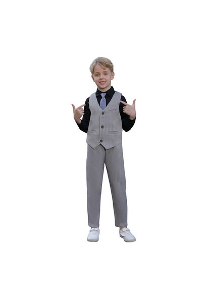 Victor and Jane Grey Herringbone Waistcoat And Pant Set With Shirt And Tie