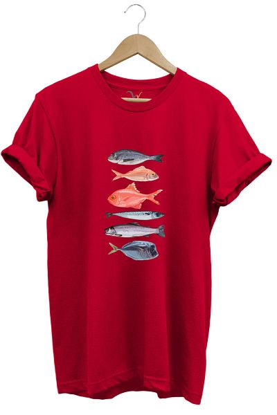 WİDİ Fishing Fishing Printed Colorful Various Fish Design 100% Cotton Regular Fit Crew Neck T-Shirt