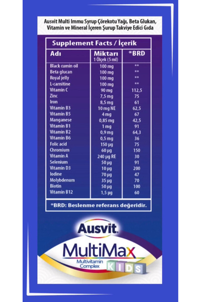 Ausvit Multimax Kids Çörekotu Yağı, Beta Glukan, Multivitamin ve Şurup 150ml - 2 Kutu -