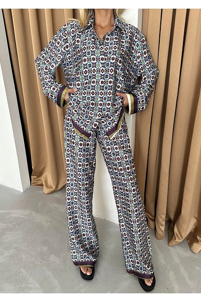 Julidress قميص منقوش متعدد الألوان، بنطلون سفلي، طقم من الساتان الفاخر