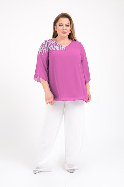 LİLAS XXL Plus Size Pink Color Chiffon V-Neck Evening Dress Blouse