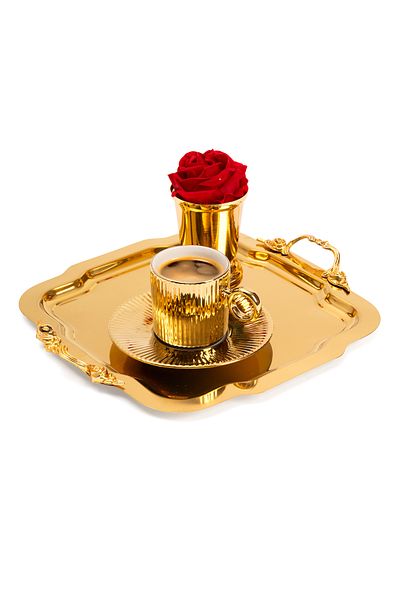 NEWTREND Züccaciye 1 Lux Gold Daisy Tray Lina Handle Model Stainless Steel Tea, Coffee, Service Presentation Tray