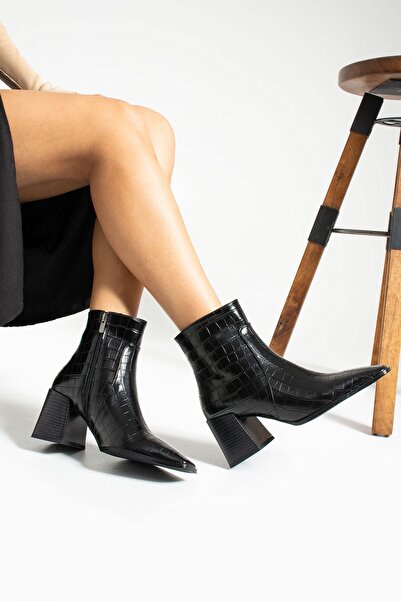 Seniorah Γυναικείες μπότες με τακούνι Lotus Black Crocodile Skin