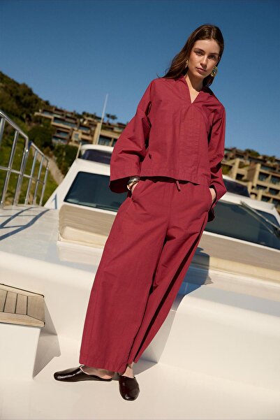 TENA Women's Burgundy Loose Sleeve Oversize Shirt Waist Shirred Loose Leg Pants Set