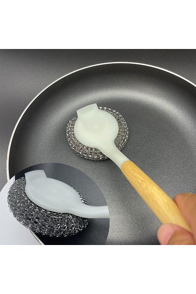 Vadi Stainless Steel Wire Brush with Bamboo Handle Pans and Pots Cleaner