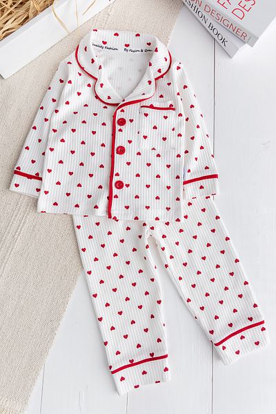 ewellce Cap Patterned Cotton Buttoned Baby Girl Pajama Set