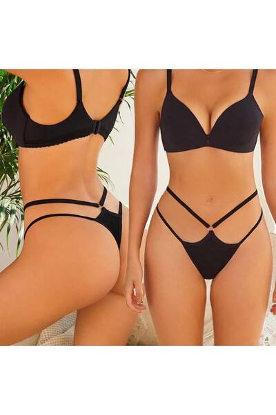 dblovedbrand Kadın Siyah Dantel G-string halka detaylı Külot