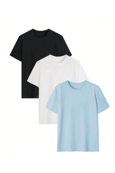 BYMEER Σετ 3 Baby Blue White Μαύρο απλό μπλουζάκι