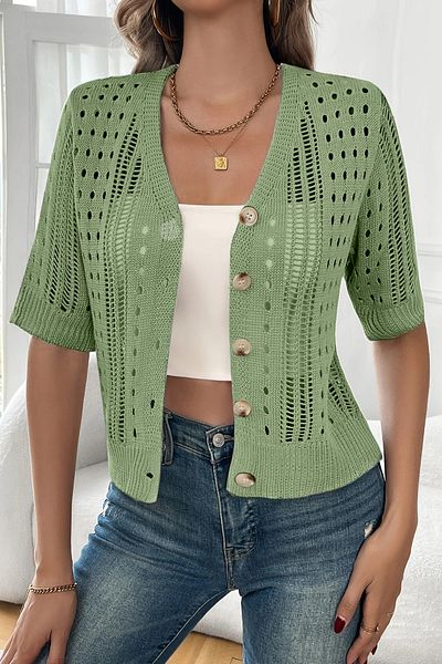 AQE FASHION Cardigan tricotat cu mâneci scurte, ajurat, cu nasturi, cu decolteu în V MİNT