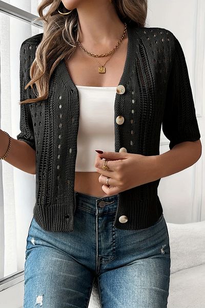 AQE FASHION Cardigan tricotat cu mâneci scurte, ajurat, cu nasturi, cu decolteu în V, NEGRU