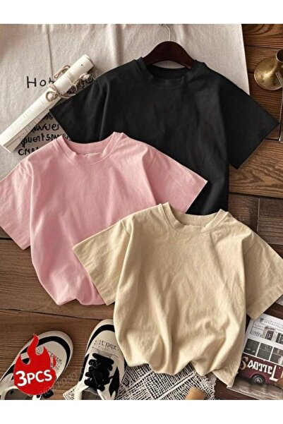 3 lü Bej Pembe Siyah Düz T-shirt