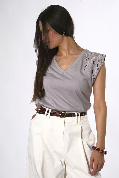 ABBRA Tricou de damă 100% bumbac cu mâneci brodate