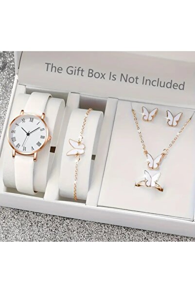 stainless steell VİP PU deri kayış kuvars saat 6 parça zarif beyaz kelebek set