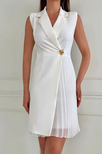 ZISHAN Jacket Neckline Button Detail Sleeveless Pleated Women's Evening Dress 017Y