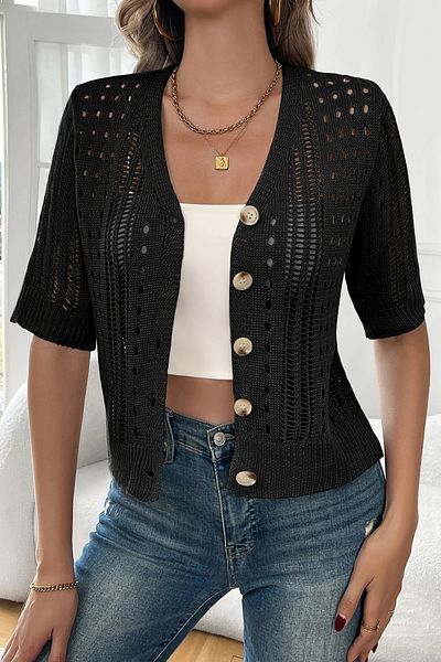 AQE FASHION Cardigan tricotat cu mâneci scurte, ajurat, cu nasturi, cu decolteu în V, NEGRU