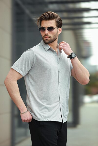 Madmext Gray Basic Short Sleeve Men's Shirt E6760