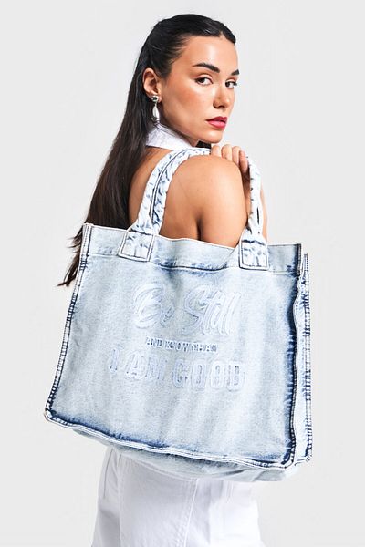 its basic Culoarea blugi 1-B-3W4-27 Geantă din denim cu curea cu burduf brodat