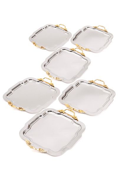 NEWTREND Züccaciye 6-Piece Luxury Silver Daisy Tray Lina Handle Model Stainless Steel Tea, Coffee, Service Presentation Tray