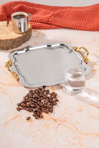 NEWTREND Züccaciye Luxury Silver Daisy Tray Lina Handle Model Stainless Steel Serving Presentation Tray