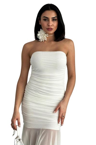 Moda Amore Γυναικείο βραδινό φόρεμα - Draped Tulle Λεπτομερές στράπλες σχέδιο Midi Size 096
