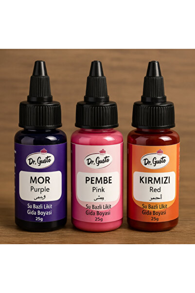 Dr. Gusto Likit Gıda Boyası 3 lü Set Mor Pembe Kırmızı 25 gr
