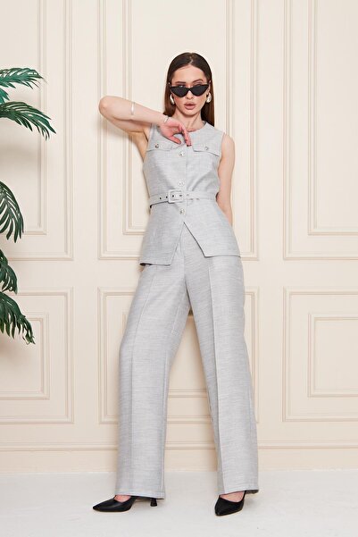 LOVELF Kemer Detay Gofreli Yelek Takım Gri