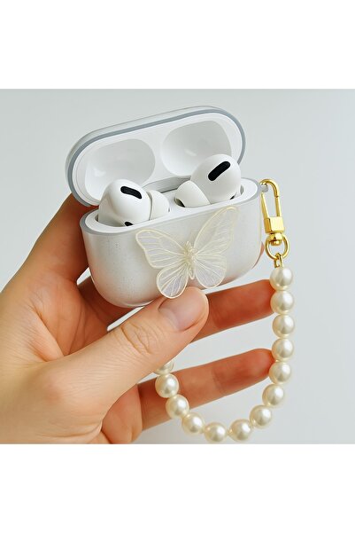Fibaks Airpods 3. Nesil Uyumlu 3D Kelebek Şeffaf Simli Parlak Kopçalı Kulaklık Kılıfı