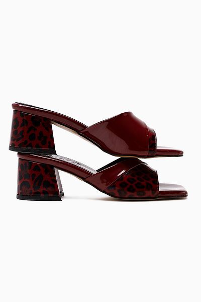 Limoya Papuci de damă cu toc scurt Morena Burgundy din piele lacuită cu detaliu leopard