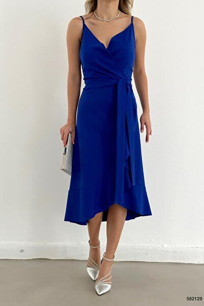 Deafox Saks Blue Flounced Midi páskové šaty