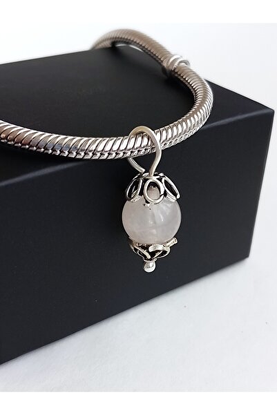 KESKİN GÜMÜŞ 18 Ayar Altın Kaplama Pembe Kuvars Doğal Taşlı Tasarım Gümüş Aşk ve Sevgi Charmı