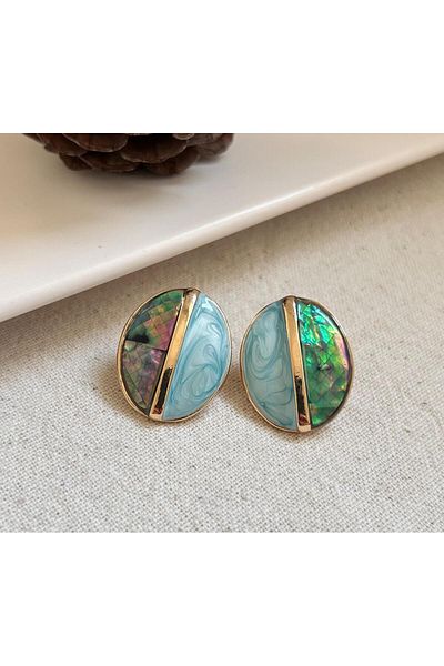 juleeco Ellipse Gold Blue Pearlescent Earrings