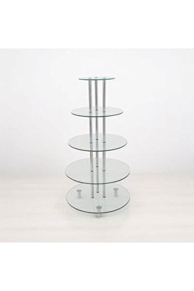 Nurline Krom Ayaklı Yuvarlak Camlı Orta Sehpa - 5 Raflı -  Yuvarlak Cam Raflı Eczane Vitrini - Camlı Stand