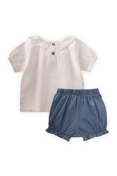 Cigit Baby Collared Denim Shorts Set 0-4 Years Ecru